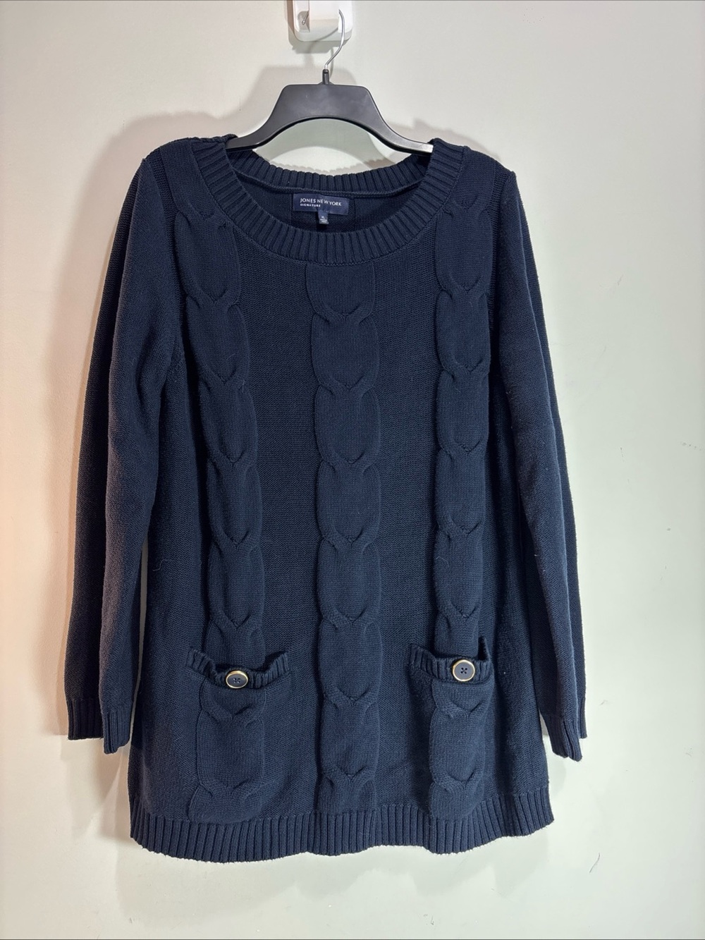 Jones New York Navy Cable-Knit Pocket Sweater. 1280